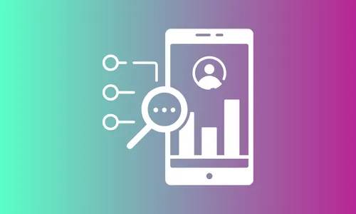 On a gradient background of purple and turquoise, a white icon of a phone is featured, the phone is displaying a bar graph data table. Other data-related icons, including a magnifying glass, accompany the phone icon.