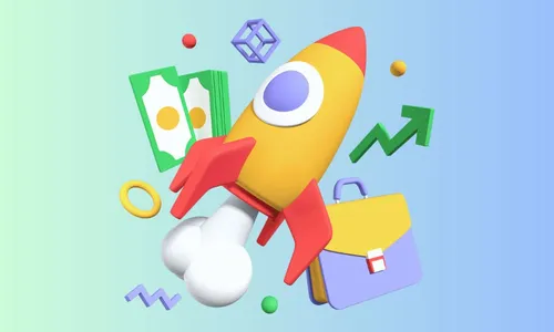 A 3D graphic featuring a vibrant rocket ship amidst playful 3D shapes, money, and a briefcase. The artwork is set against a backdrop of a light green and light blue gradient.