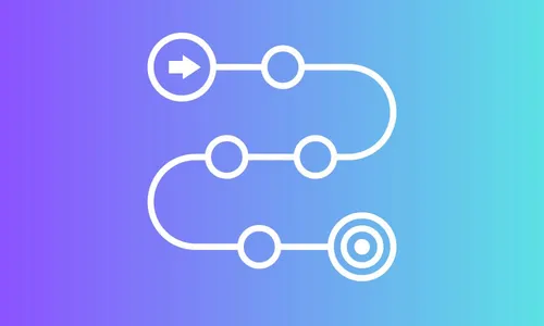 An icon of a white path curvy path connecting an arrow to a target symbol. The path has circular checkpoints along the way. The entire path icon is set against a vibrant blue and purple gradient background