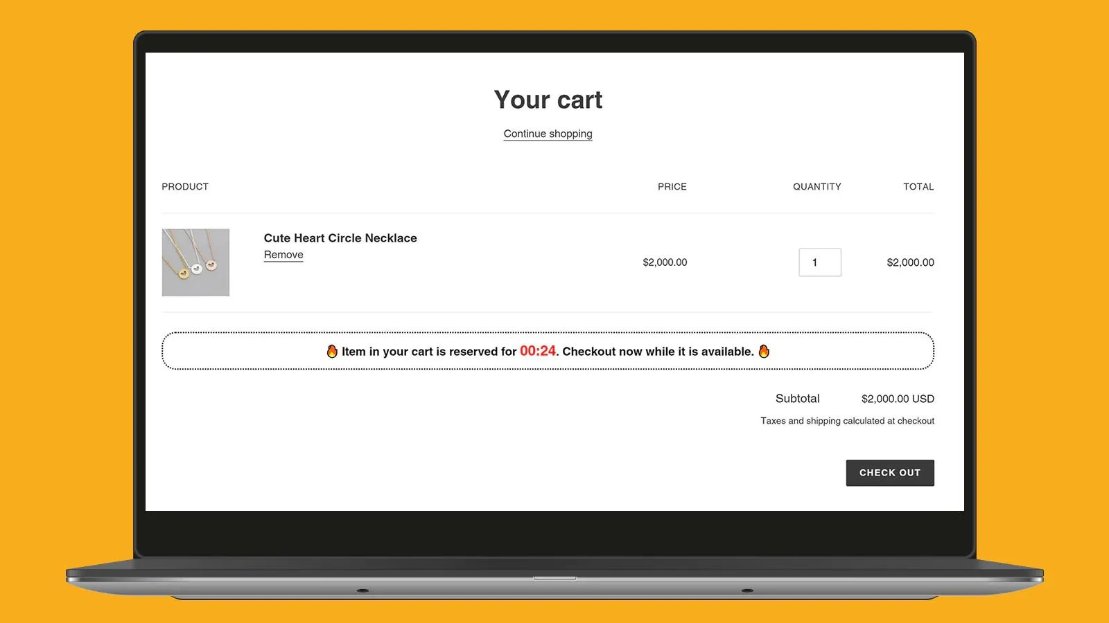 A screenshot of an e-commerce shopping cart, there is a necklace in the shopping cart. There is a small warning that says the item can only be held in the shopping cart for another 24 seconds 