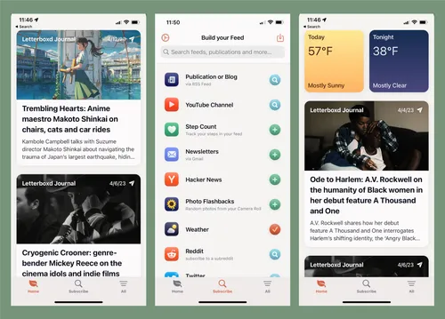 The image contains three screenshots of the feeeed mobile app, all of the screenshots are in front of a green background and bottom navigation items labeled "Home," "Subscribe," and "All." 

In the left-most screenshot, an article titled "Trembling Hearts: Anime maestro Makoto Shinkai on chairs, cats, and car rides" from the "Letterbox Journal" is visible, along with another partially obscured article from the same publication. 

The middle screenshot displays the search screen, where users can add different types of feeds and publications, such as blogs, YouTube channels, health apps, newsletters, and more. 

The last screenshot, on the right side, shows the homefeed with the weather displayed at the top of the screen, along with an article titled "Ode to Harlem: A.V. Rockwell on the humanity of Black women in her debut feature A Thousand and One" from the "Letterboxd Journal."