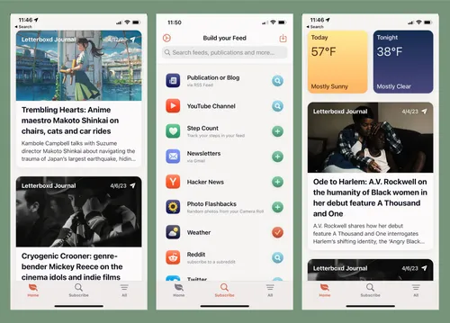 The image contains three screenshots of the feeeed mobile app, all of the screenshots are in front of a green background and bottom navigation items labeled "Home," "Subscribe," and "All." 

In the left-most screenshot, an article titled "Trembling Hearts: Anime maestro Makoto Shinkai on chairs, cats, and car rides" from the "Letterbox Journal" is visible, along with another partially obscured article from the same publication. 

The middle screenshot displays the search screen, where users can add different types of feeds and publications, such as blogs, YouTube channels, health apps, newsletters, and more. 

The last screenshot, on the right side, shows the homefeed with the weather displayed at the top of the screen, along with an article titled "Ode to Harlem: A.V. Rockwell on the humanity of Black women in her debut feature A Thousand and One" from the "Letterboxd Journal."