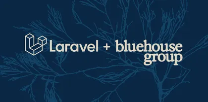 Laravel logo plus Bluehouse Group logo with a light blue cyanotype on a dark blue in the background