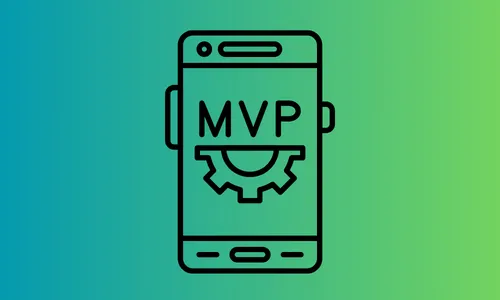 An illustration of a black phone screen reads "MVP" in all caps, with a gear underneath the text. The phone icon is set against a vibrant blue and green background