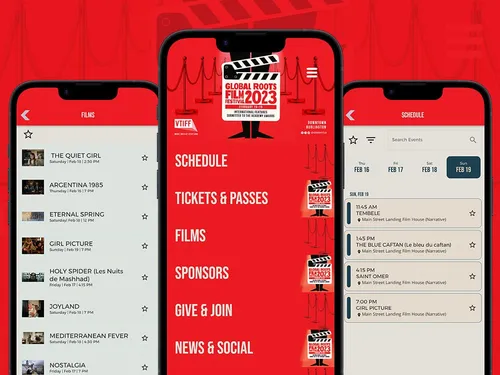 Three different phone screens all display a different page from the Vermont International Film Festival App. The left phone is showing a list of upcoming movie screenings. The listings all show a thumbnail, title, date, and time. The middle phone is showing the app's home page, there is a navigation that reads "Schedule, Tickets and Passes, Films, Sponsors, Give and Join, and News and Social". This page has a red background and at the top of the page, it says "Global Roots Film Festival 2023". Lastly, the right phone is displaying a schedule that shows films in order of time along with more details about each film and where to watch them. 