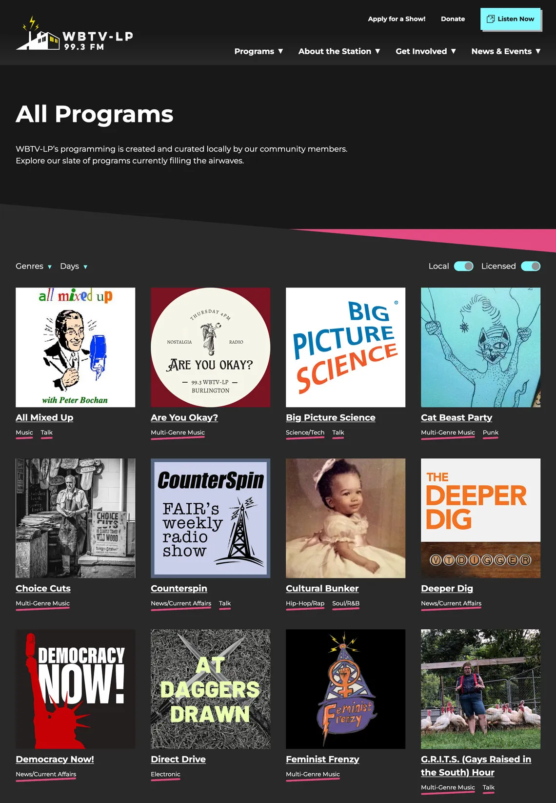 WBTV-LP All Programs pages, a grid of each program’s cover art, title, and genres.