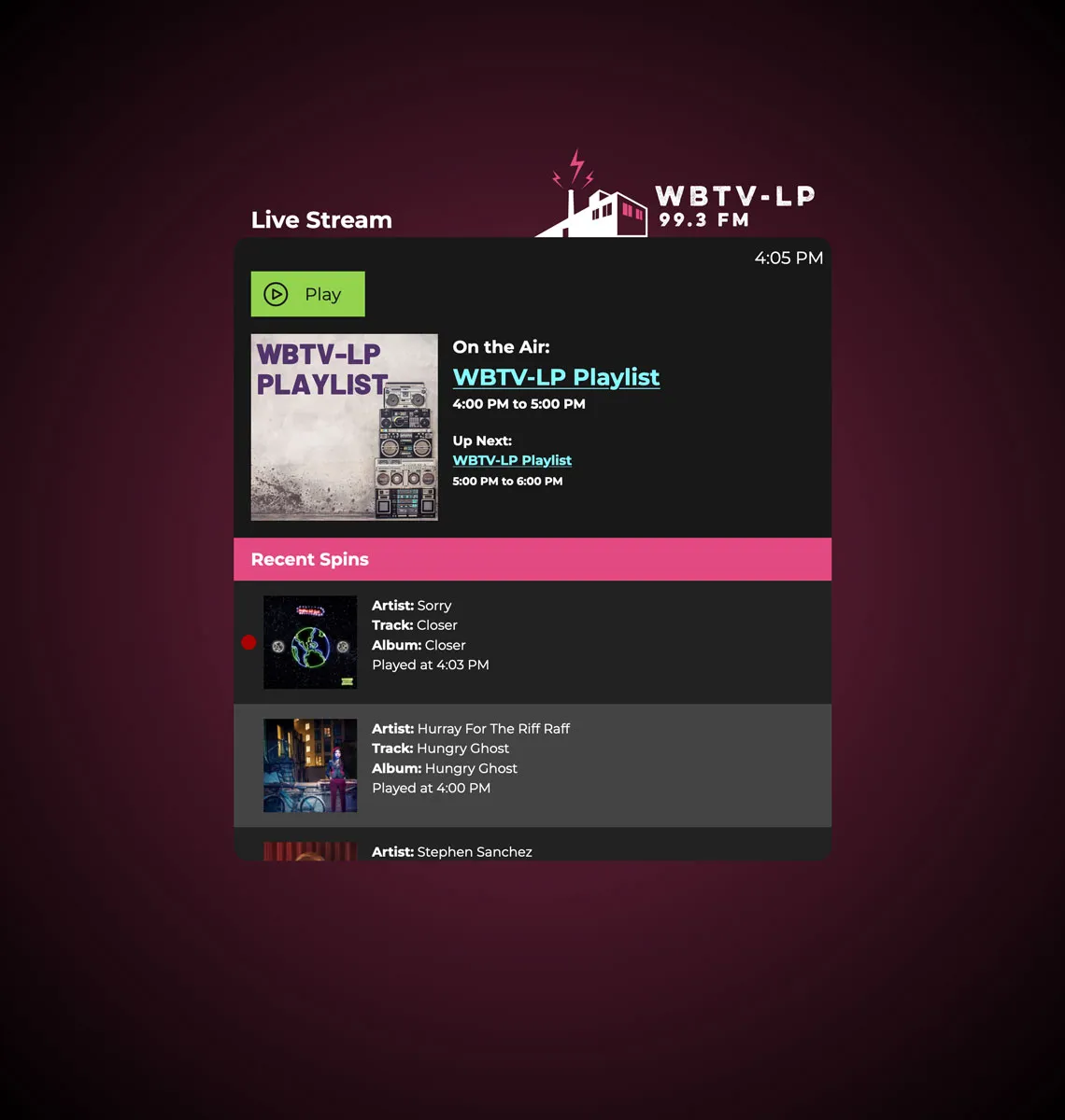 WBTV-LP audio player with the currently playing program and list of recently played spins.