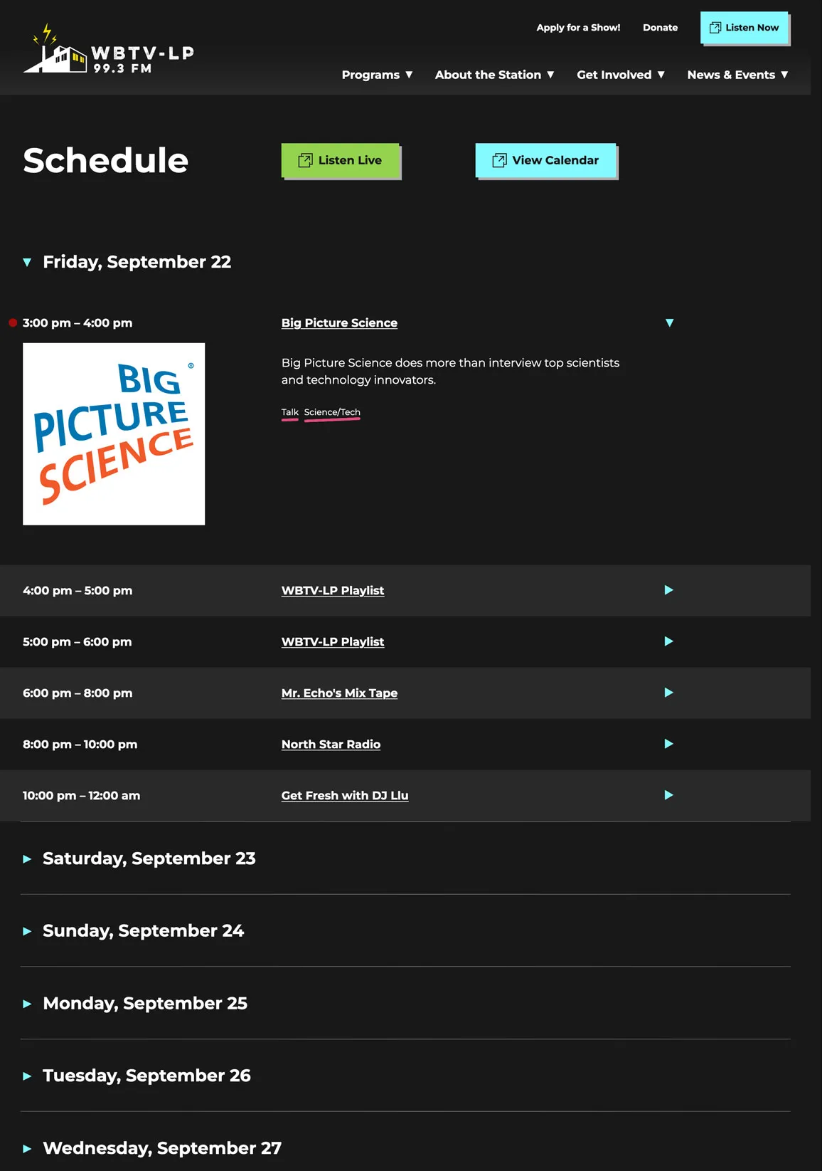 WBTV-LP Schedule page. A list of days with the current day expanded to show of a list of the day’s programs and times.