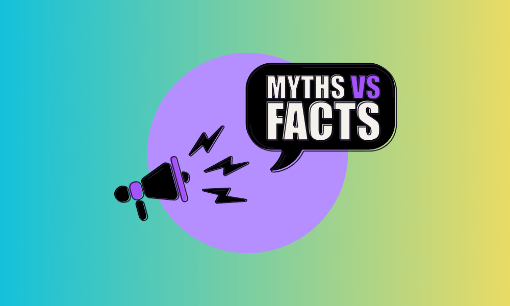An illustration of a black and purple megaphone announcing Myths vs Facts. The megaphone icon is set against a vibrant blue and yellow gradient background