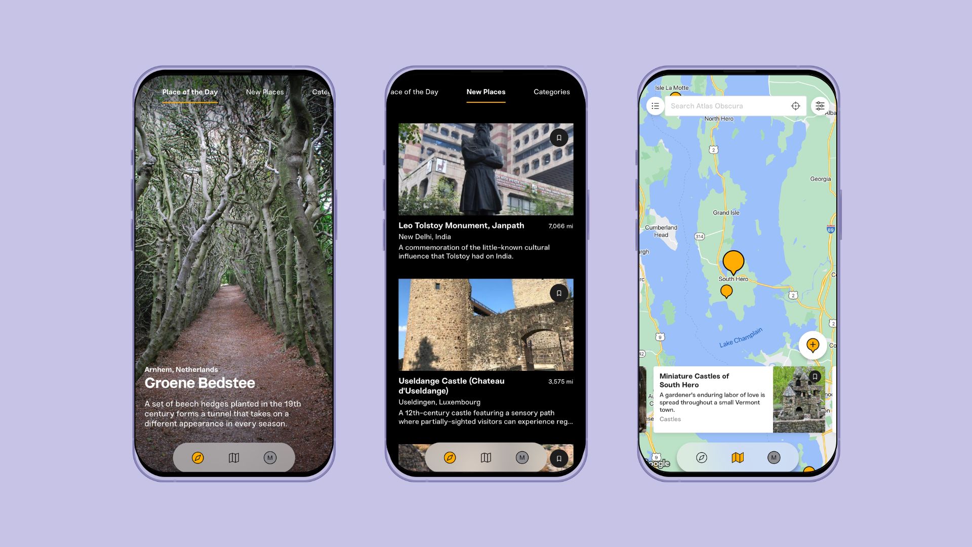 Three mobile phones are placed on a light purple background, displaying different screens from the Atlas Obscura app.

In the left screenshot, the path with trees looks like a magical spot, and the 