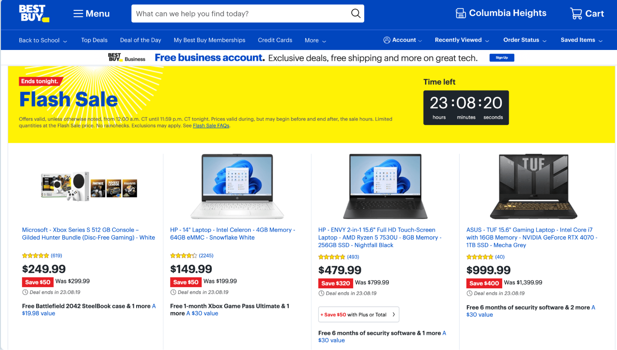 A screenshot of the Best Buy Website. In a yellow banner box we see the text Flash Sale, the sale has 23 hours remaining