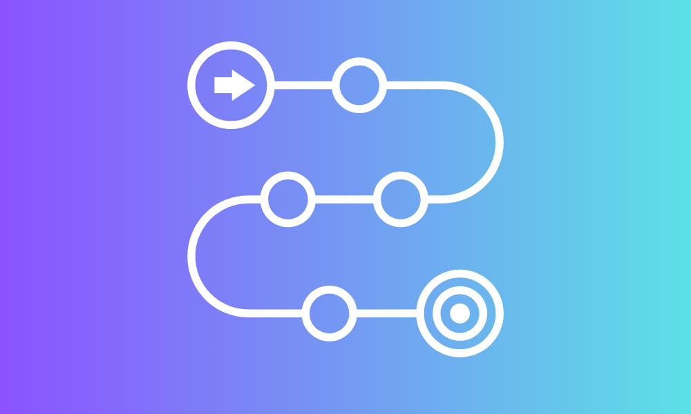 An icon of a white path curvy path connecting an arrow to a target symbol. The path has circular checkpoints along the way. The entire path icon is set against a vibrant blue and purple gradient background