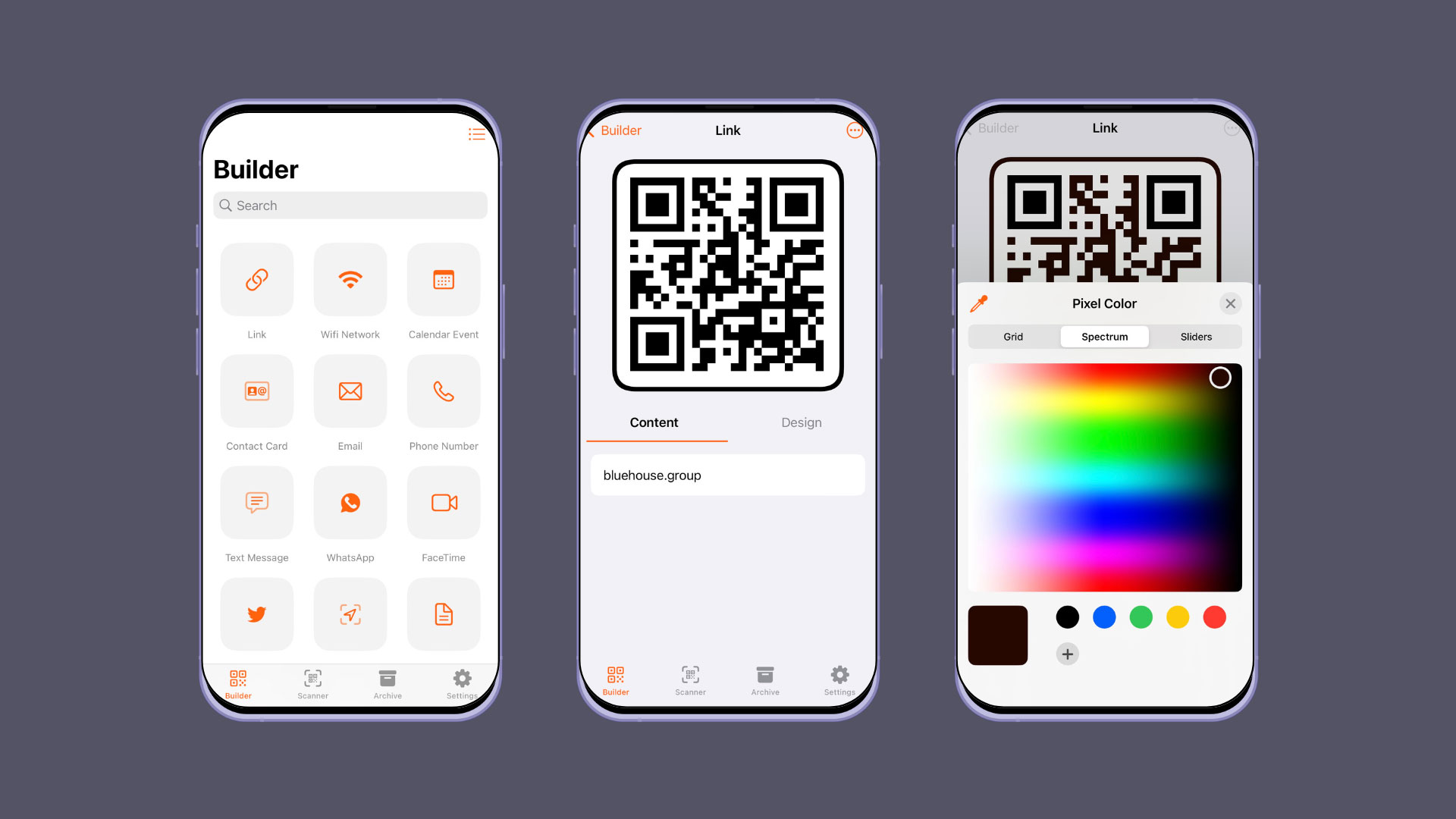 The image consists of three screenshots from the mobile app QR Pop. At the bottom of each screenshot, there is a navigation bar displaying icons for the Builder, Scanner, Archive, and settings.

The left-most screenshot showcases various QR code options, including Links, Wifi Networks, Calendar Events, Contact Cards, Emails, Phone Numbers, Text Messages, Whatsapp, Facetime, and more. Each QR code type is represented by an orange-colored symbol.

The middle screenshot displays a basic black QR code that links to Bluehouse.Group. The interface includes a tab for viewing the QR code and another tab for designing it.

The right-most screenshot demonstrates the QR code design feature. In this particular instance, the app allows users to customize the pixel color of the QR code.
