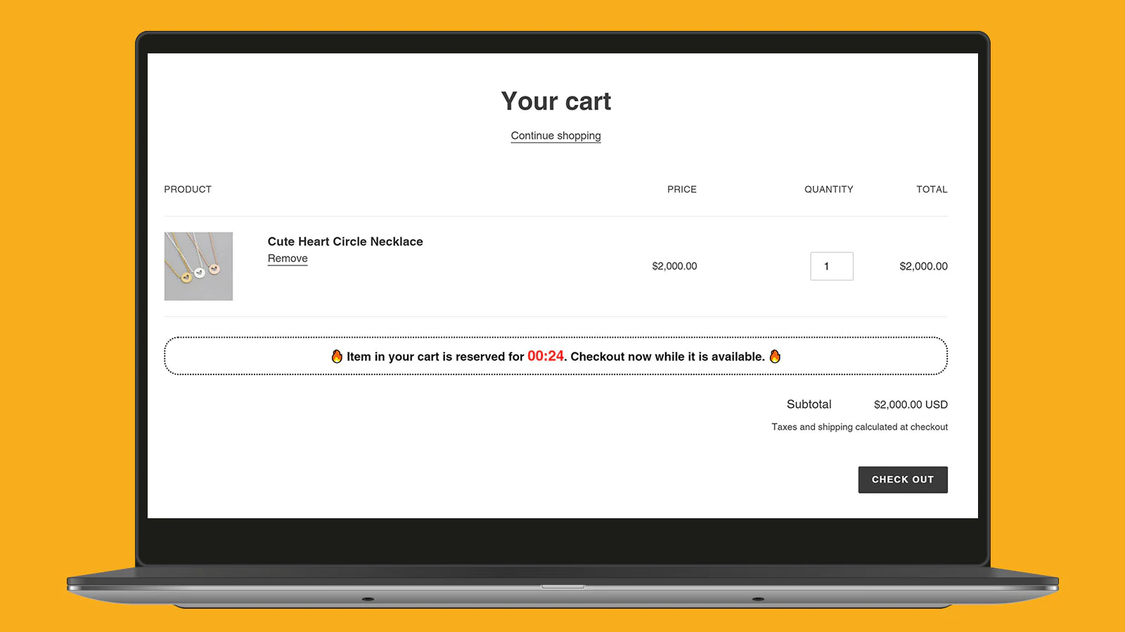 A screenshot of an e-commerce shopping cart, there is a necklace in the shopping cart. There is a small warning that says the item can only be held in the shopping cart for another 24 seconds 