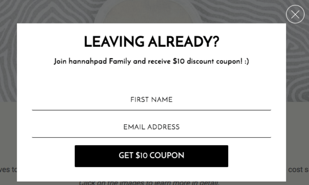 An example of an exit popup that says leaving already? Offering the visitor  a ten dollar coupon in an attempt to get the visitor to make a purchase. 