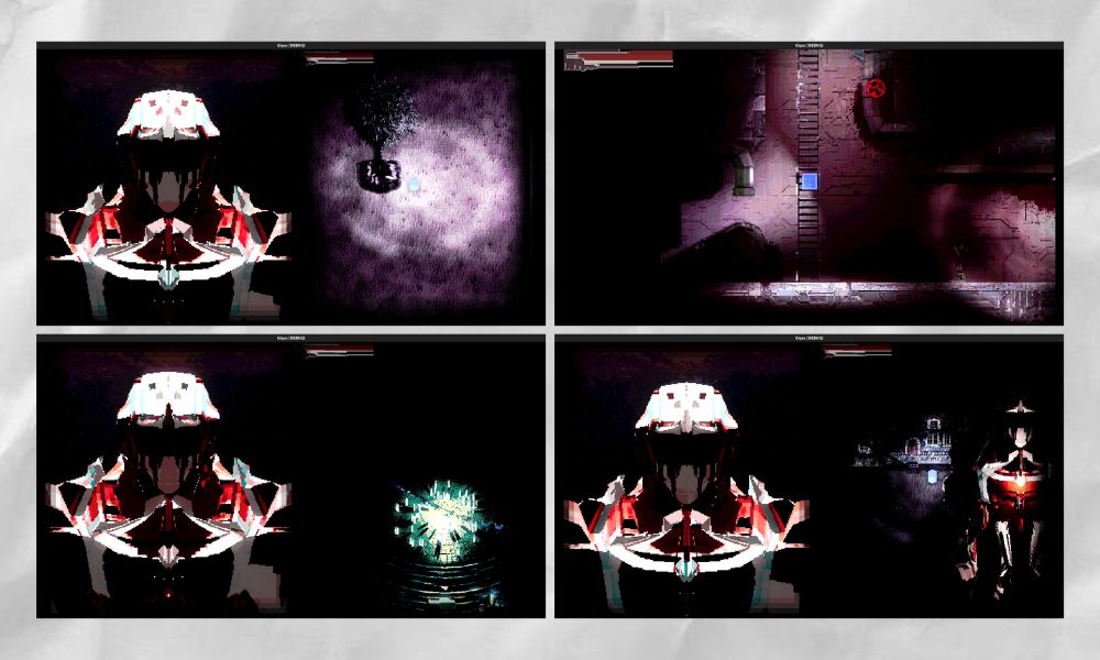 Four screenshots of a video game, three featuring a red and white robotic mech in dark, shadowy settings, creating an ominous atmosphere, and one displaying a cube as an incomplete player model descending a ladder into an underground level within the video game.
