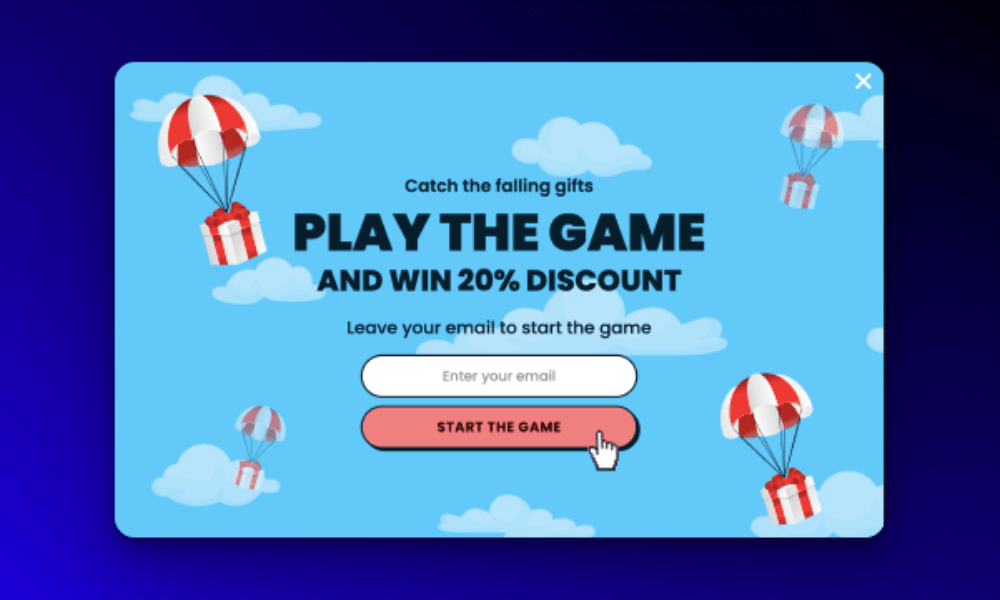 A webpage popup that asks the visitor to play a game to win a twenty percent off coupon. The popup has clouds and little gifts falling from the sky on parachutes