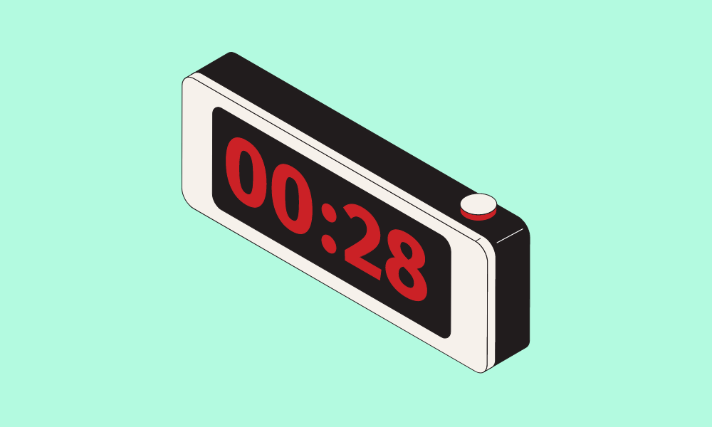 On a teal background is a drawing of a thin timer, the timer reads 28 seconds in large red text. 