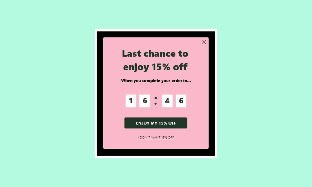 A pink countdown popup from an ecommerce website with 16 minutes remaining to receive 15 percent off an order.