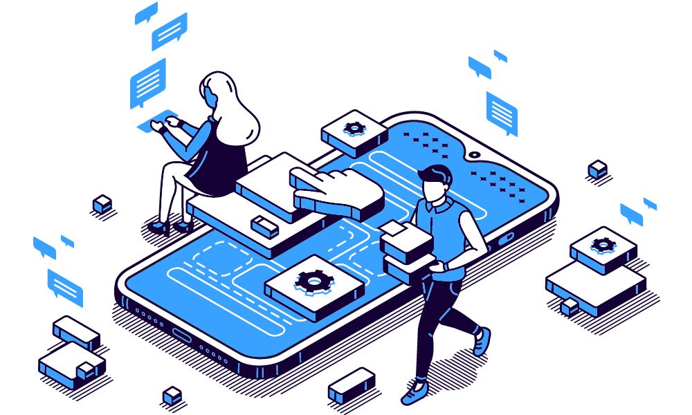 A graphic of a deconstructed phone with a man and a woman playfully tinkering around it. They are sitting on the phone, surrounded by technical boxes and screens.