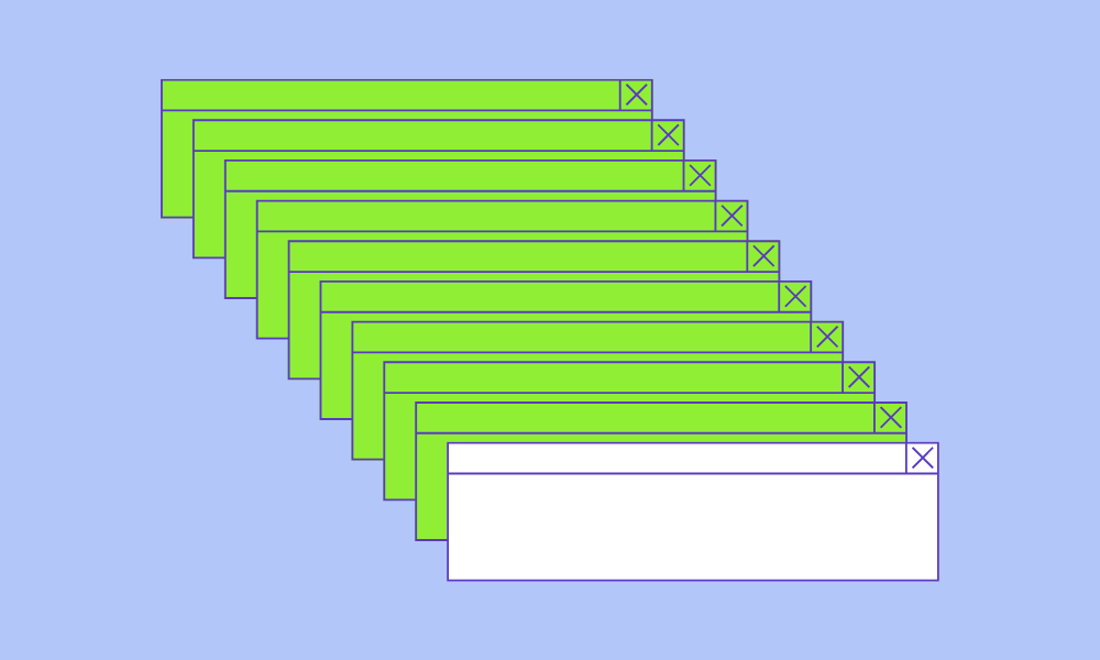 An image of numerous nondescript green popup windows stacked on top of each other. They have little detail and no text but feature small X’s in the top right corner indicating they can be closed. All the popup windows are set against a light blue background.