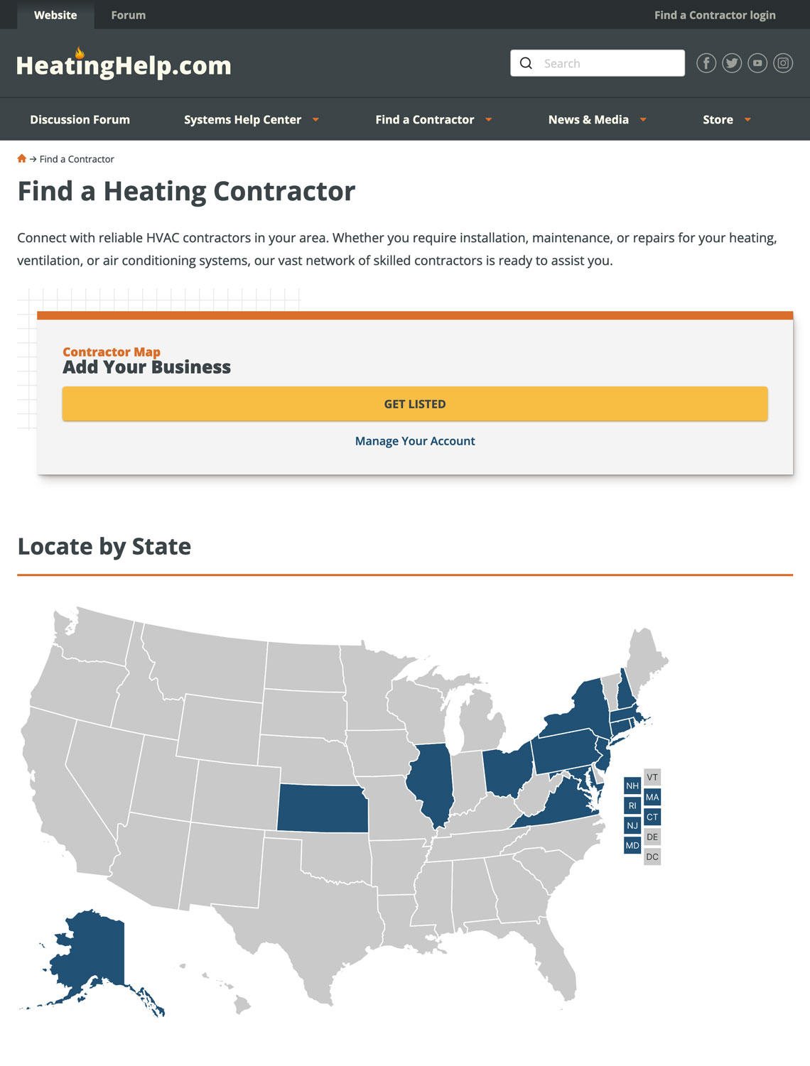 Find a Heating Contractor page with links to get listed and manage your account. A map of the United states with Alaska, Kansas, Illinois, Ohio, Virginia, Pennsylvania, New York, Maryland, New Jersey, Rhode Island, New Hampshire, Massachusets, and Connecticut highlighted.